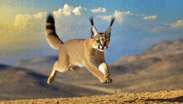 AI generated, animal, animals, mammal, mammals, biotope, habitat, one, individual, foraging, wildlife, Africa, South Africa, Asia, Central Asia, steppes, cat, cats, predator, caracal, desert lynx, caracal caracal), joie de vivre, jumps, hunting, Africa