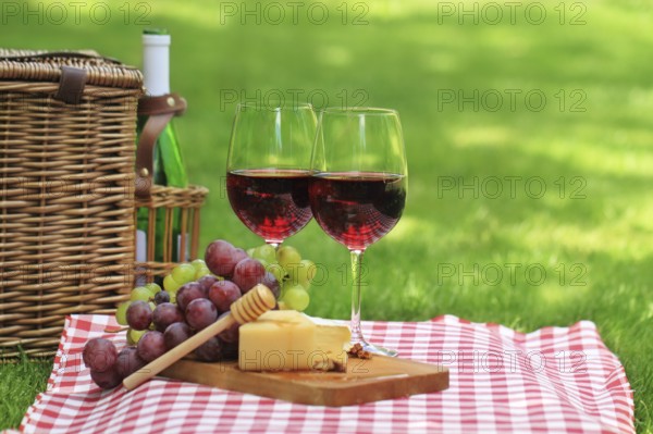 Various sorts of cheese, grapes and two glasses of the red wine
