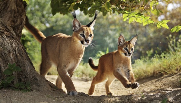 AI generated, animal, animals, mammal, mammals, biotope, habitat, two, female, juvenile, foraging, wildlife, Africa, South Africa, Asia, Central Asia, steppes, cat, cats, predator, caracal, desert lynx, caracal caracal), rests, hunts. jumps, Africa