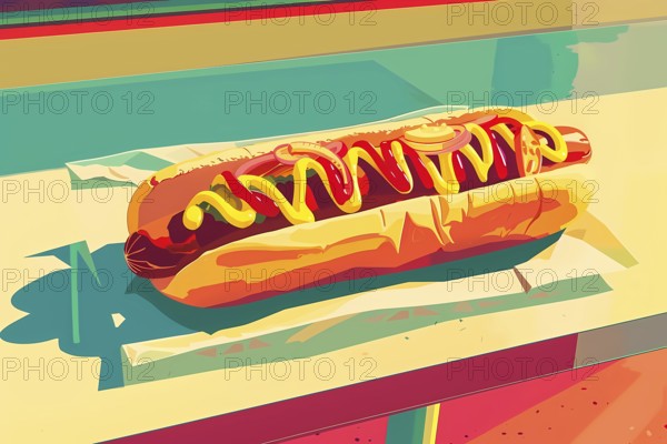 A pop art-inspired illustration of a hot dog with mustard and ketchup, street food, illustration, 3D, AI generated