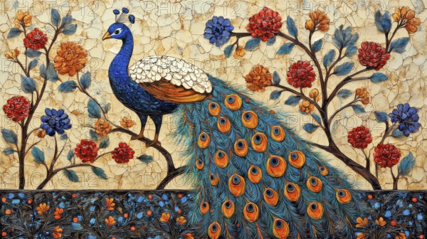 A peacock perched on a branch surrounded by flowers with a vibrant and detailed display of feathers, AI generated