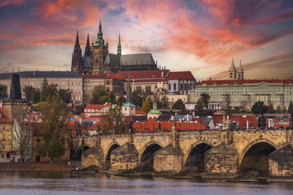 Hradcin and Charles Bridge over Vltava river in Prague