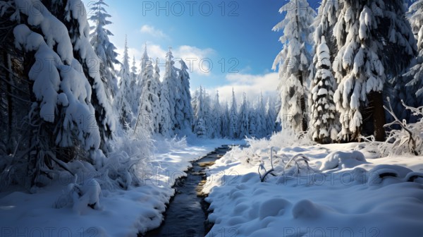 Fairytale winter landscape, A small stream flows through a coniferous forest covered with snow in the sunshine, KI generated, AI generated