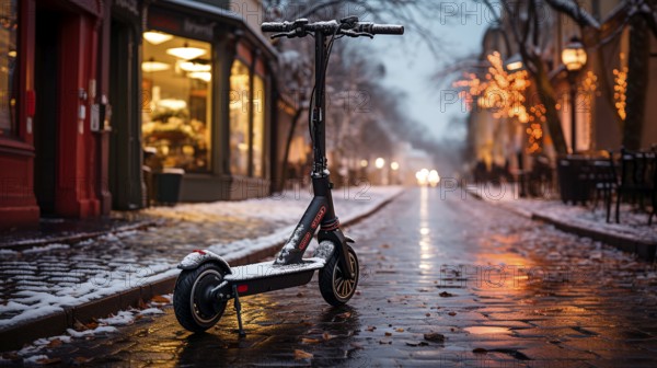 A snow-covered e-scooter stands on an evening, wintry road, KI generated, AI generated