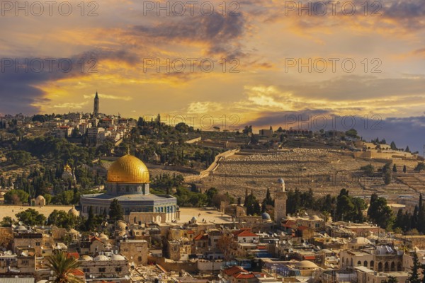 Panoramic view of the old town of Jerusalem just after sunrise