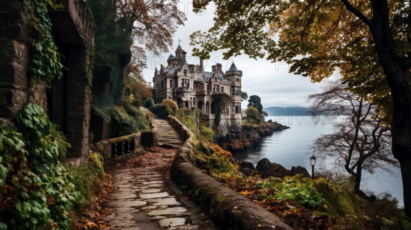 A narrow cobbled path leads to an old English manor house, on the shore of a lake, KI generated, AI generated