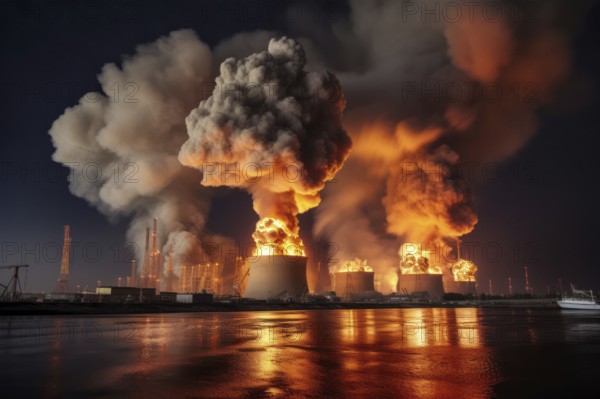 Super GAU, fire catastrophe in a nuclear power plant, rainy clouds of smoke, sea of flames, nuclear power plant, AI generated