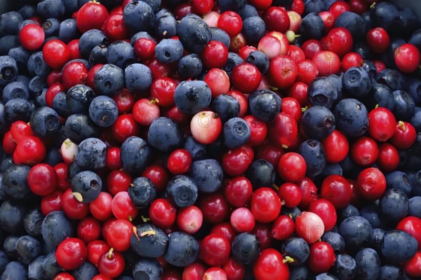 Ripe cranberries and blueberries close up. Natural background
