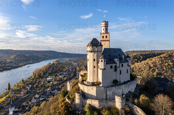 Aerial view of the Rhine Valley with the Marksburg Castle, Braubach, UNESCO World Heritage Site, Upper Middle Rhine Valley, Rhineland-Palatinate, Germany, Europe