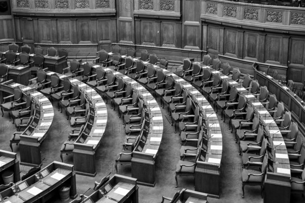 Copenhagen, Denmark, Occtober 05, 2016: Black and white photograph of the interior of the Danish parliament also called Folketinget, Europe