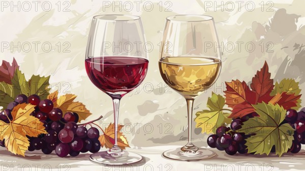 Painting of two wine glasses with red and white wine surrounded by grapes and autumn leaves, AI generated