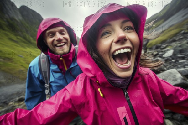 Young couple in mackintosh stands beaming with joy in free nature. behind Nordic landscape and forest, hiking, outdoor, selfie, happy, KI generated, AI generated