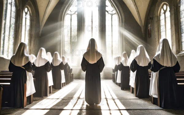 Catholic nuns at morning devotions in a chapel flooded with light, KI generated, AI generated