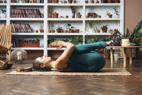 Young woman lying on the back with his knees doing twisting exercise at home. Healthy lifestyle concept