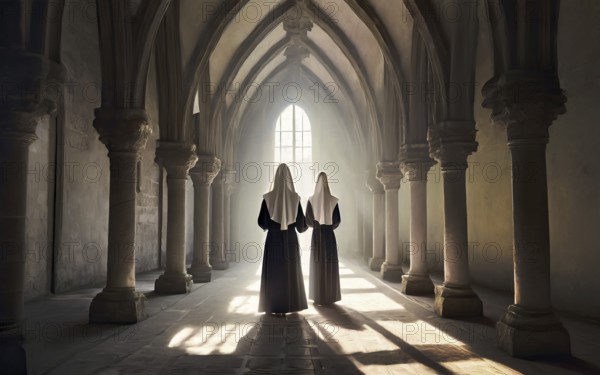 Two Catholic nuns stand devoutly in the archway of a convent, KI generated, AI generated