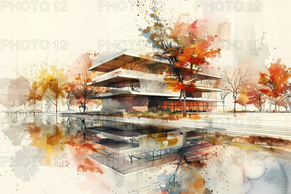 Tranquil watercolor of a modern building amidst autumn foliage reflecting on water, Bio architecture, Watercolor Aesthetics, AI generated