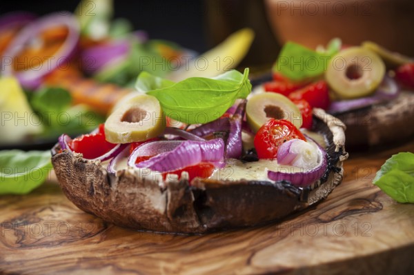Giant Portobello mushrooms stuffed with mozzarella and tomatoes