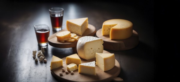 Sliced porous cheese on the table, cheese products, AI generated