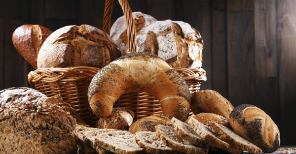 Assorted bakery products including loafs of bread and rolls