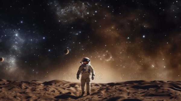 Astronaut on Mars walks in a spacesuit on the soil and explores the planet, AI generated