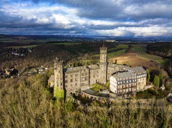 Aerial view, Schaumburg Castle, Balduinstein, Limburg an der Lahn region, Westerwald, Rhineland-Palatinate, Germany, Europe