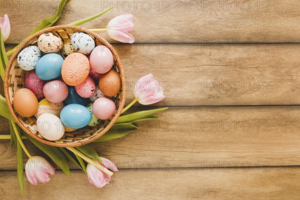 tulips around bowl with eggs. Beautiful photo