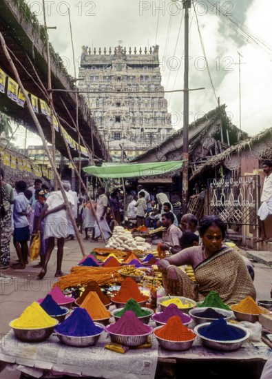 Color powder and Pooja things for sale in Chidambaram, Tamil Nadu, South India, India, Asia