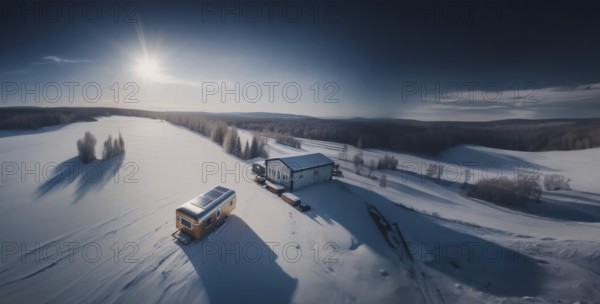 Trailer outdoors in winter in the forest with a solar panel on the roof. The concept of life outside civilization, AI generated