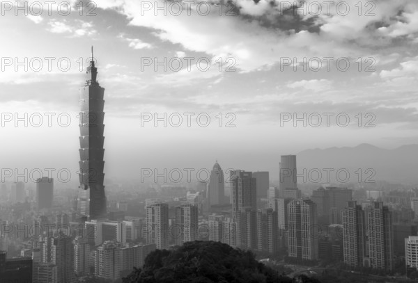 Taipei, Taiwan, January 5, 2015: Black and white view of Taipei city skyline during sunset, Asia