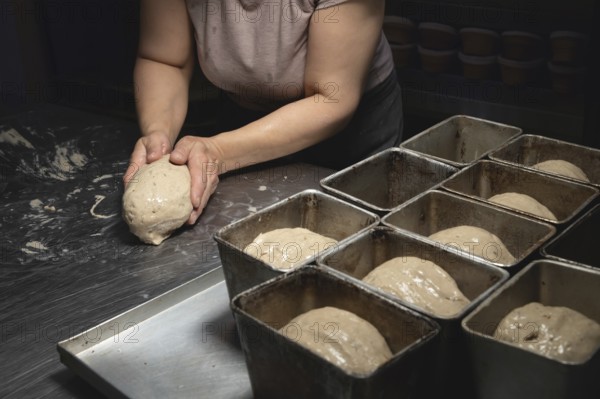 Women's hands carry out actions with raw bread. Dough before dipping into a bakery oven
