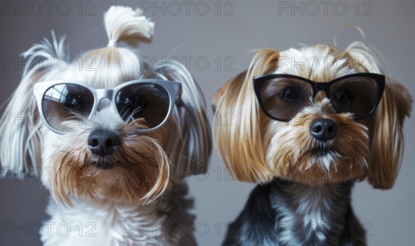 Two Yorkshire Terriers wearing stylish sunglasses AI generated