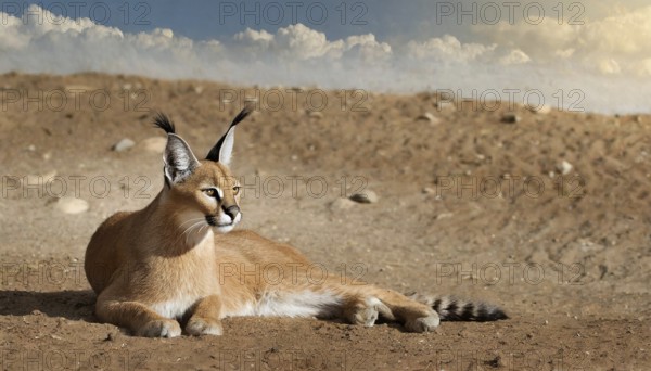 AI generated, animal, animals, mammal, mammals, biotope, habitat, a, individual, foraging, wildlife, Africa, South Africa, Asia, Central Asia, steppes, cat, cats, predator, caracal, desert lynx, caracal caracal), resting, Africa
