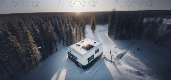 Trailer outdoors in winter in the forest with a solar panel on the roof. The concept of life outside civilization, AI generated