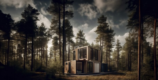 Modular container house with glazing in the forest, secluded compact house, AI generated