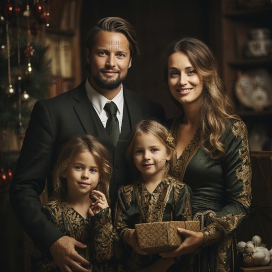 Christmas, children and family celebrate Christmas with gifts under a Christmas tree, ai generated