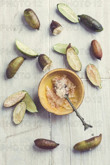 Australian finger lime or caviar lime, edible fruits used in gourmet cuisine. Citrus australasica