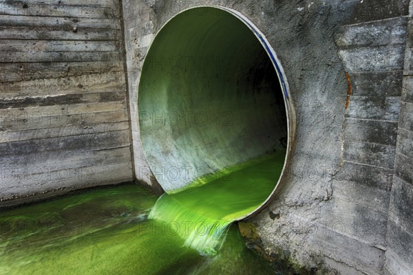 Bright green polluted effluent flowing through a drainage pipe exiting through a concrete wall in an environmental and ecological concept