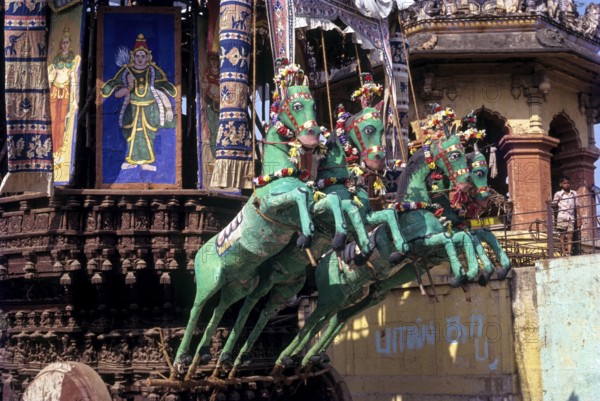 Horses in the Kumbheswarar temple chariot in Kumbakonam, Tamil Nadu, India, Asia
