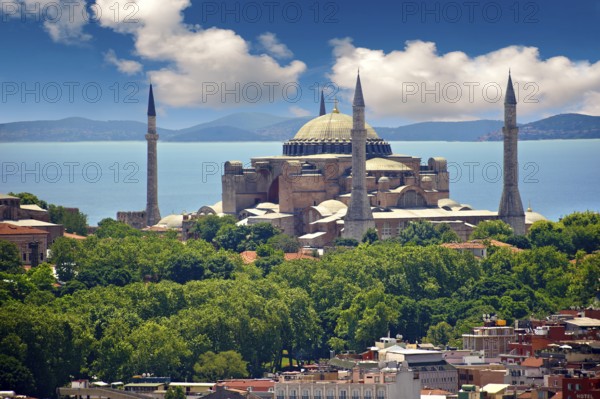 The exterior of the 6th century Byzantine (Eastern Roman) Hagia Sophia (Ayasofya) built by Emperor Justinian. The size of the dome was un-surpassed until the 16th century, Istanbul, Turkey, Asia