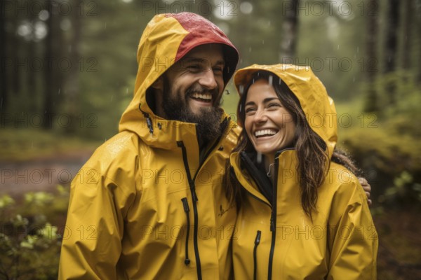 Young couple in mackintosh stands beaming with joy in free nature. behind Nordic landscape and forest, hiking, outdoor, selfie, happy, KI generated, AI generated