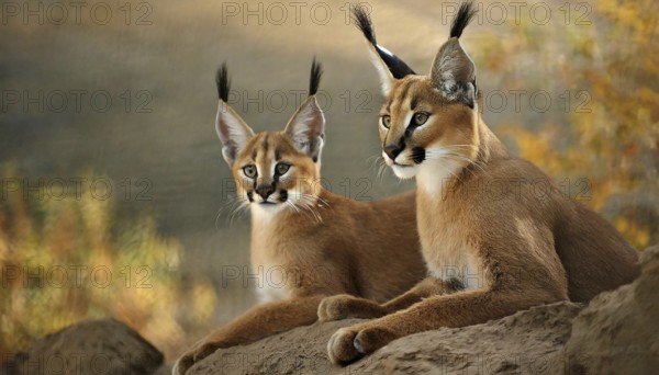 AI generated, animal, animals, mammal, mammals, biotope, habitat, two, female, young, foraging, wildlife, Africa, South Africa, Asia, Central Asia, steppes, cat, cats, predator, caracal, desert lynx, caracal caracal), lie on rocks and watch, Africa