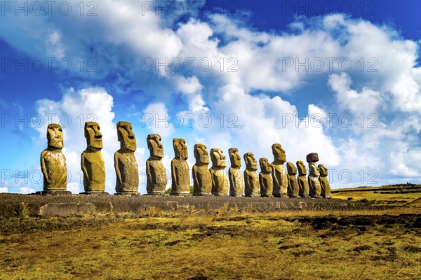 The 15 Moais at Ahu Tongariki in Rapa Nui National Park on Easter Island in Chile