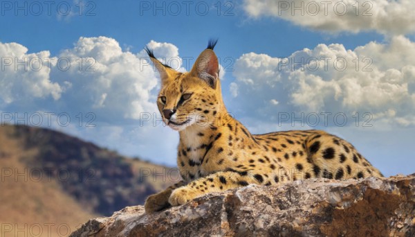 AI generated, animal, animals, mammal, mammals, biotope, habitat, one, individual, foraging, wildlife, caracal, caracal (Caracal caracal), lynx, lynxes, resting on rocks