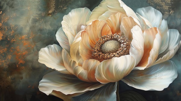 Digital art of a white and peach flower with a serene and abstract teal background, ai generated, AI generated