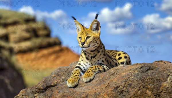 AI generated, animal, animals, mammal, mammals, biotope, habitat, a, individual, foraging, wildlife, caracal, caracal (Caracal caracal), lynx, lynxes, rests on rocks, resting