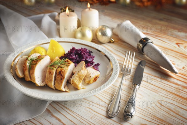 Roast chicken breast with red cabbage and potatoes on a white plate, silverware and napkin on a wooden table with candles and Christmas decoration, festive holiday dinner, copy space, selected focus