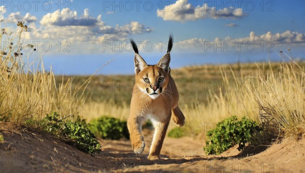 AI generated, animal, animals, mammal, mammals, biotope, habitat, one, individual, foraging, wildlife, Africa, South Africa, Asia, Central Asia, steppes, cat, cats, predator, caracal, desert lynx, caracal caracal), joie de vivre, jumps, hunting, Africa