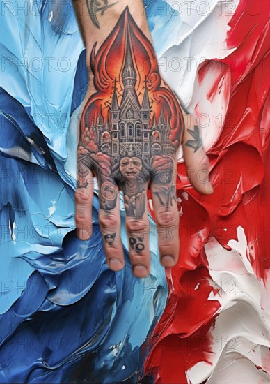 The sign of the thieves, a hand tattooed with Russian church, lies on the national colours with the colours white, blue and red, illustration with KI generated, AI generated