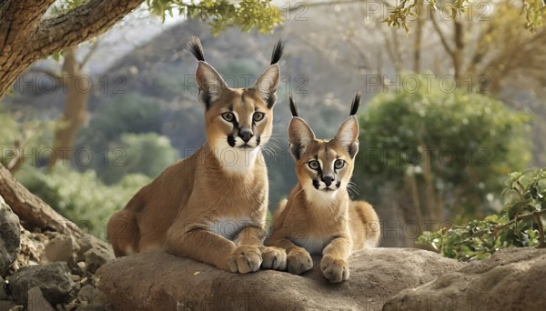 AI generated, animal, animals, mammal, mammals, biotope, habitat, two, female, juvenile, foraging, wildlife, Africa, South Africa, Asia, Central Asia, steppes, lying on rocks, cat, cats, predator, caracal, desert lynx, caracal caracal), rests, hunts. jumps, Africa