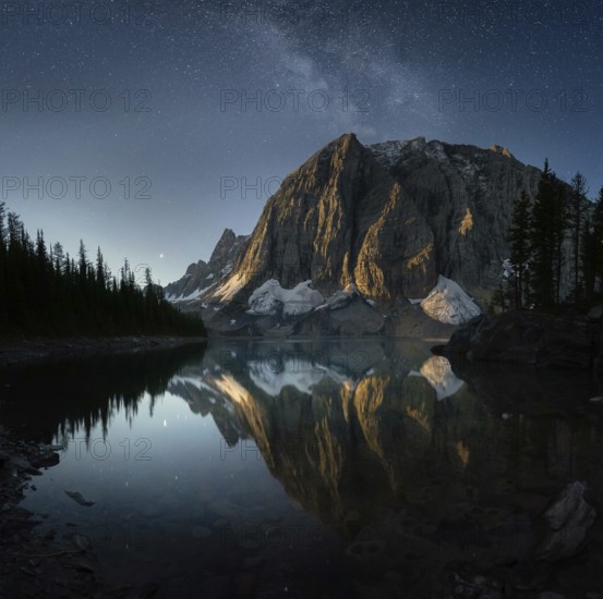 Tranquil mountain scenery reflecting on a lake under a starry twilight sky, Floe Lake, Yoho National Park, Canadian Rockies